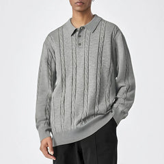 Threebooy  New Men American Retro Polo Neck Sweater Luxury Knit Long Sleeve Pullover Casual Solid Color Streetwear Jacquard Knitwear M-3XL
