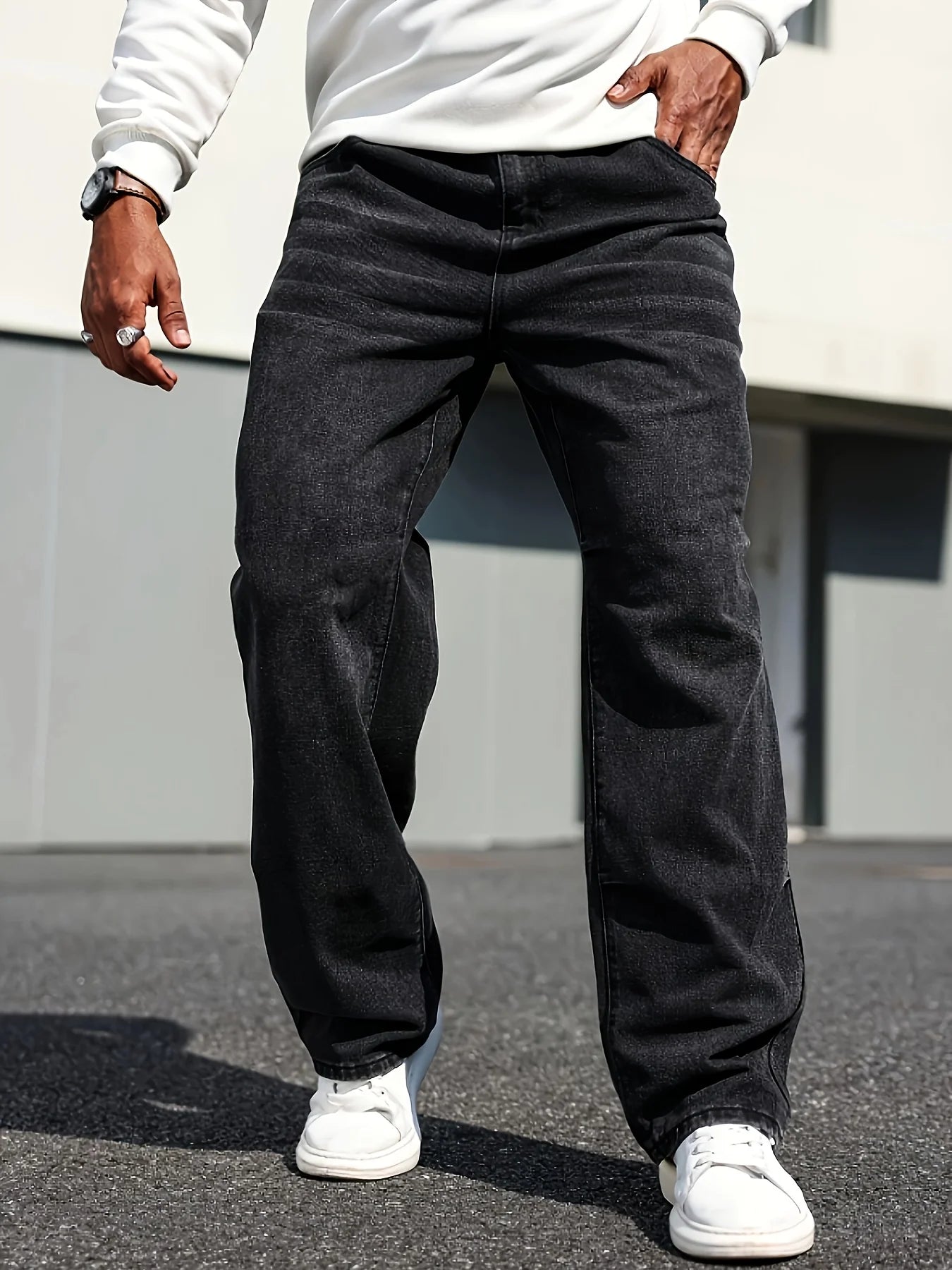 Threebooy  Men's Classic Straight-Leg Jeans - Cotton Blend, Dark Blue Denim, Non-Stretch, All-Season Wear, Comfort Fit with Slant Pockets