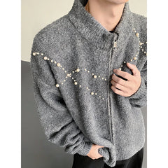 Threebooy Men's cardigan knitted sweater Winter New Style Winter warm knitted jacket Personalized Trend Pearl decoration cardigan sweater