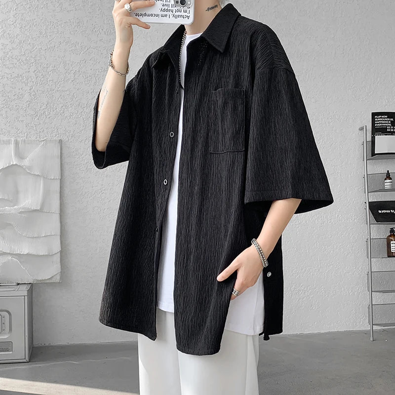 Threebooy Wine Red Side Buttons Pleated Shirt Black Apricot Harajuku Button Up Korean Short Sleeve Aesthetic Male Shirts Men Blouse