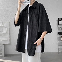 Threebooy Wine Red Side Buttons Pleated Shirt Black Apricot Harajuku Button Up Korean Short Sleeve Aesthetic Male Shirts Men Blouse