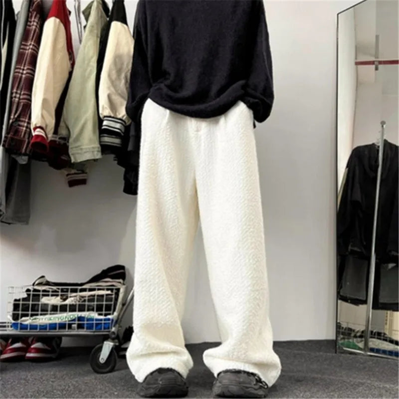 Threebooy Autumn and Winter Solid Color Wide Leg Pants Men's Clothing Elastic Waist Loose Casual Trousers