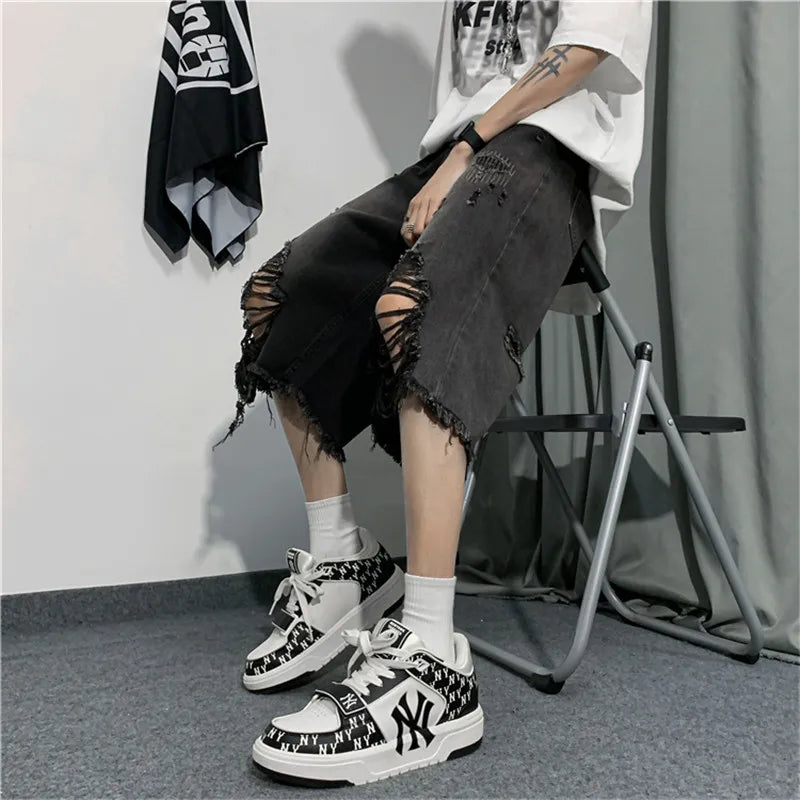 Threebooy New Style Ripped Denim Shorts Men's Clothing 2024 Summer Five-point Korean Casual Youth Straight Trousers Boutique Clothing