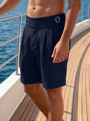 Threebooy  Men High Waist Pleated Waffle Suit Shorts Adjustable Side Buckle Cuffed Bermuda Shorts 100% Polyester S-XXL