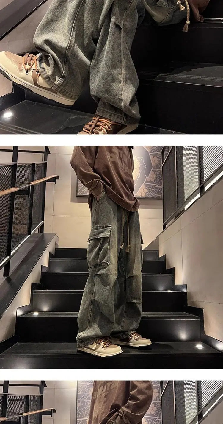 Threebooy High street hip-hop men and women trendy personality large pocket straight leg washed denim jeans couple retro casual pants y2k