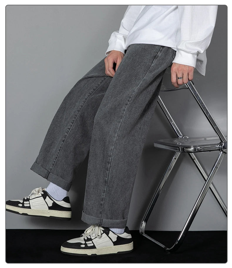Threebooy 2025 New Korean Men's Casual Long Jeans Classic Man Straight Denim Wide-leg Pants Solid Color Light Blue Grey Black