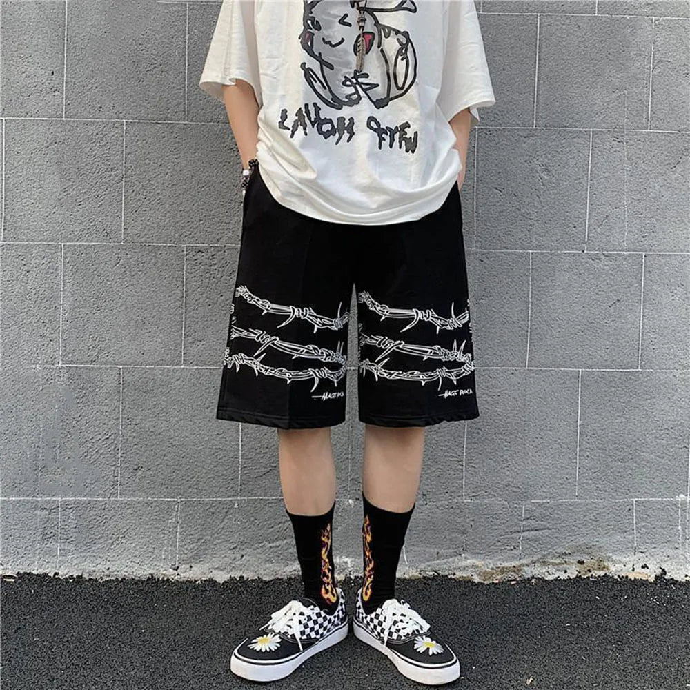 Threebooy Mens Casual Shorts Summer Hip-Hop Street Harajuku Style Personalized Print Simple Sports Shorts Boys Loose Straight Pants