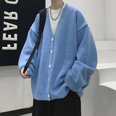 Threebooy Youthful and Trendy Men Spring and Autumn New Spliced V-neck Button Fashion Solid Color Loose Casual Long-sleeved Knitted Top