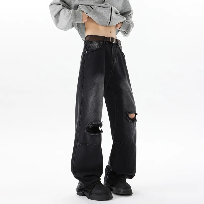 Threebooy  Straight Loose Wide Leg Jeans Mens Washed Classic Trousers Ripped Destroyed Drag Floor Length Bulk Wholesale Trendy Streetwear