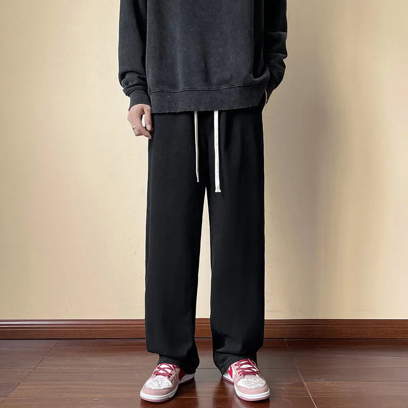 Threebooy Men's Wide Leg Jeans Straight Elastic Waist Baggy Casual Korean Fashion Retro Oversize Male Drawstring Design Pants
