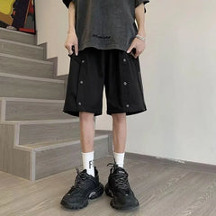 Threebooy Summer Elegant Fashion Harajuku Slim Fit Ropa Hombre Loose All Match Casual Shorts Solid Zipper Pockets Straight Cylinder Shorts