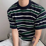 Threebooy Mens Japanese Striped Casual Knitted Short-Sleeved T-Shirt Genderless Fashion Personalized Versatile Retro Loose T-Shirt Unisex