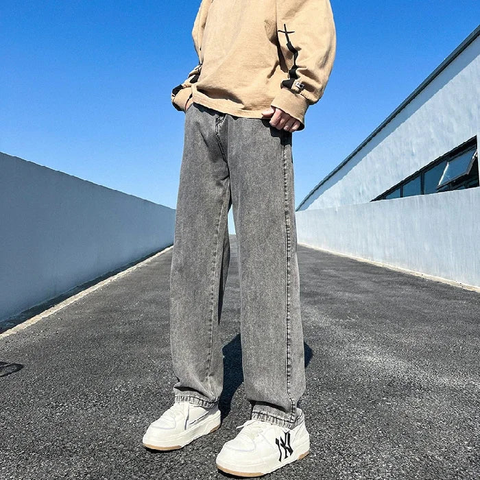 Threebooy  Men's Jeans Spring Autumn Extend Straight Vintage Blue Casual Baggy Jeans Korean Trousers Classic Wide Leg Fashion Denim Pants