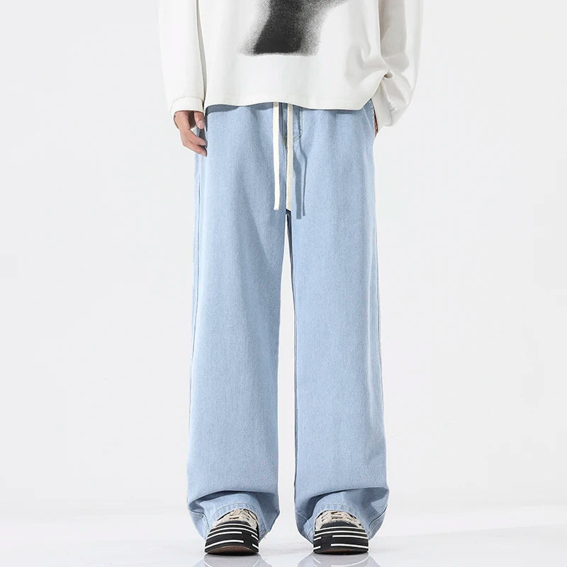 Threebooy  Classic New Streetwear Loose Jeans Men Korean Style Fashion Loose Straight Wide Leg Pants Men's Brand Clothing Black Light Blue