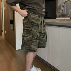 Threebooy Summer New Trend Male Camouflage Drawstring Shorts Large Pocket Design Elastic Waist Loose Casual Men Pants