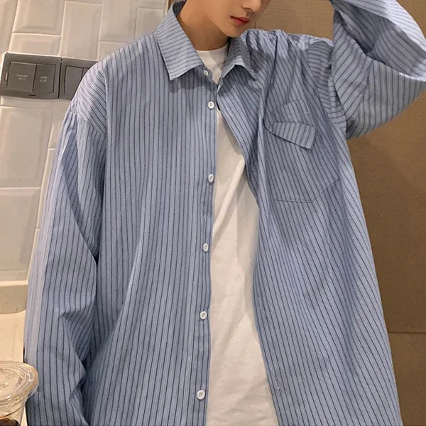 Threebooy 2024 Striped Long Sleeve Shirt Oversized Mens Large Spring Summer Loose Casual Man Shirts Clothes Fashion Harajuku Chest Pocket