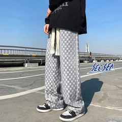 Threebooy Straight Wide Leg Knitted Sweatpants Men's Spring Autumn Solid Color Plaid Casual Pants Sports Trend Classic All-match Trousers