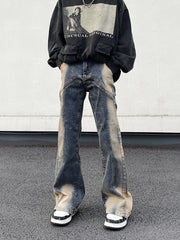 Threebooy Jeans High Street American Vintage Wash Harajuku Y2K Spliced Jeans Men's Loose Flare Design Feel Pants