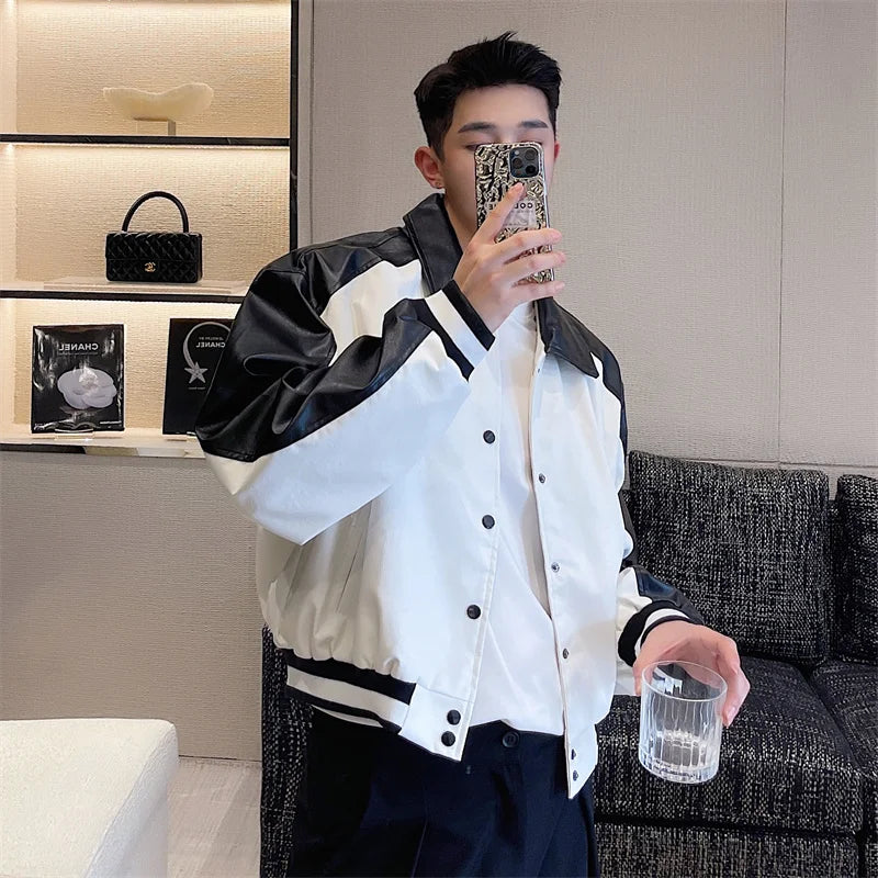 Threebooy Korean Street Dress Hip Hop Spring Autumn Black White Design Motorcycle Leather Men's Jacket Jacket Short Baseball Coat