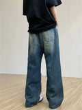 Threebooy Vintage Blue Jeans for Men Y2K Make Old Wash Straight-leg Pants with Button Pockets Trousers Loose A154