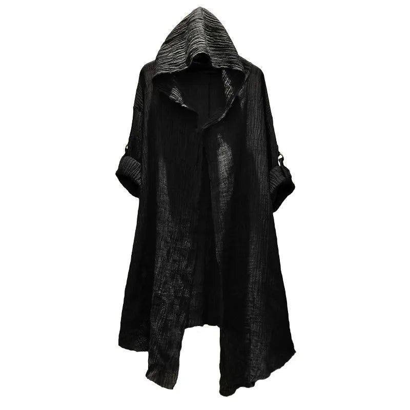 Threebooy Punk rock hip hop black long shirt hooded cloak cardigan men linen oversize blouse Nightclub DJ singer gothic vintage streetwear