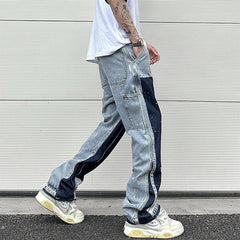 Threebooy Streetwear Speckled Ink Color Match Y2K Baggy Jeans for Men Patchwork Rage Fringe Micro Denim Trousers Oversized Loose Cargos