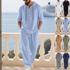 Threebooy  Men's Linen Hooded Sets 2 Piece Outfit Summer Casual Long Sleeve Hoodie and Wide Leg Pants Set for Men