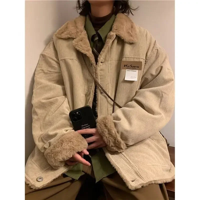 Threebooy Men's Retro Corduroy Padded Jacket Women Winter Loose Casual Thickened Cotton Turndown Collar Single-breasted Long Sleeves Tops