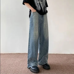 Threebooy American Style High Street Upside Down Design Sensibility Jeans European Hip Hop Streetwear Men's Fit Straight Leg Pants