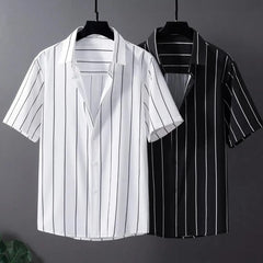 Threebooy  Korean Fashion Youth Summer New Shirts Men's Polo Collar Striped Single Breasted Trend Versatile Casual Loose Short Sleeve Tops