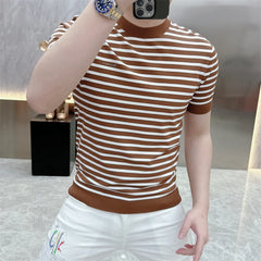 Threebooy  Summer Striped Knitted Round Neck T-shirts Men Slim Fit Short Sleeve Casual Business Tshirt Ice Silk Breathable Knitwear M-4XL