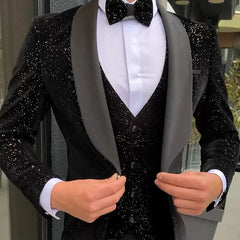 Threebooy  Black Men Suits 3 Pieces Shiny Blazer Vest Pants One Shoulder Sheer Lapel Sequins Tuxedo Wedding Formal Work Causal