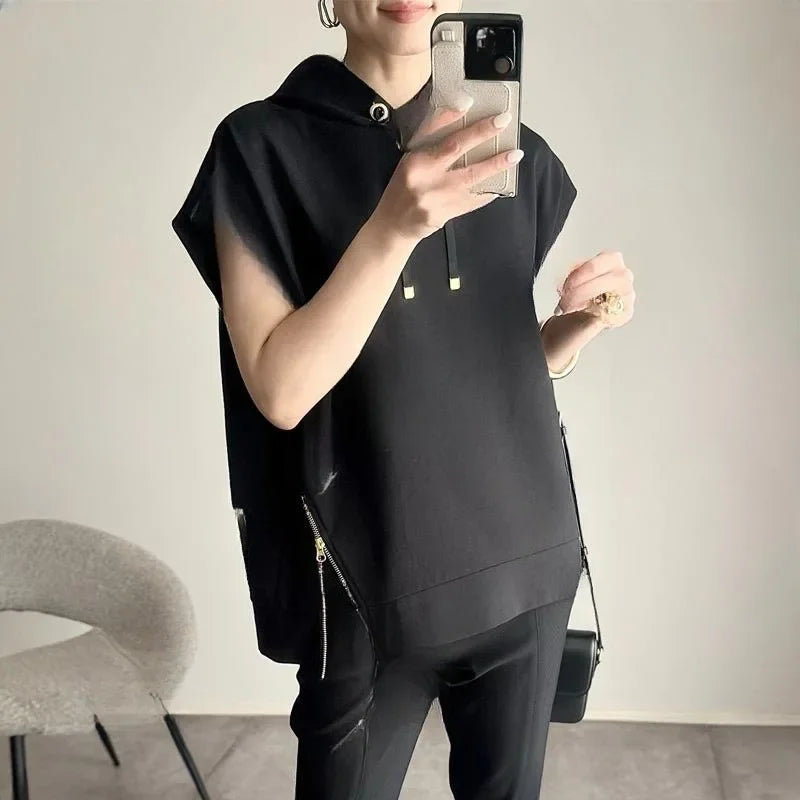 Threebooy In-stock Japanese Style Summer New Hooded Zippered Short Sleeve Top Hooded Two-sided Zippered Short Sleeve T-shirt