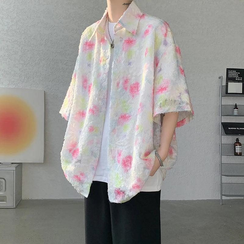 Threebooy Summer Butterfly Tassel Splice Shirt Men Loose Casual Floral Short Sleeve Shirts Women Oversize Streetwear Boy Girl Blouses
