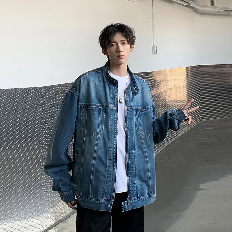 Threebooy  New High Street Men's Zip-up Denim Jackets Casual Washed Streetwear Stand Collar Texture Korean Harajuku Retro Long Sleeve Coats