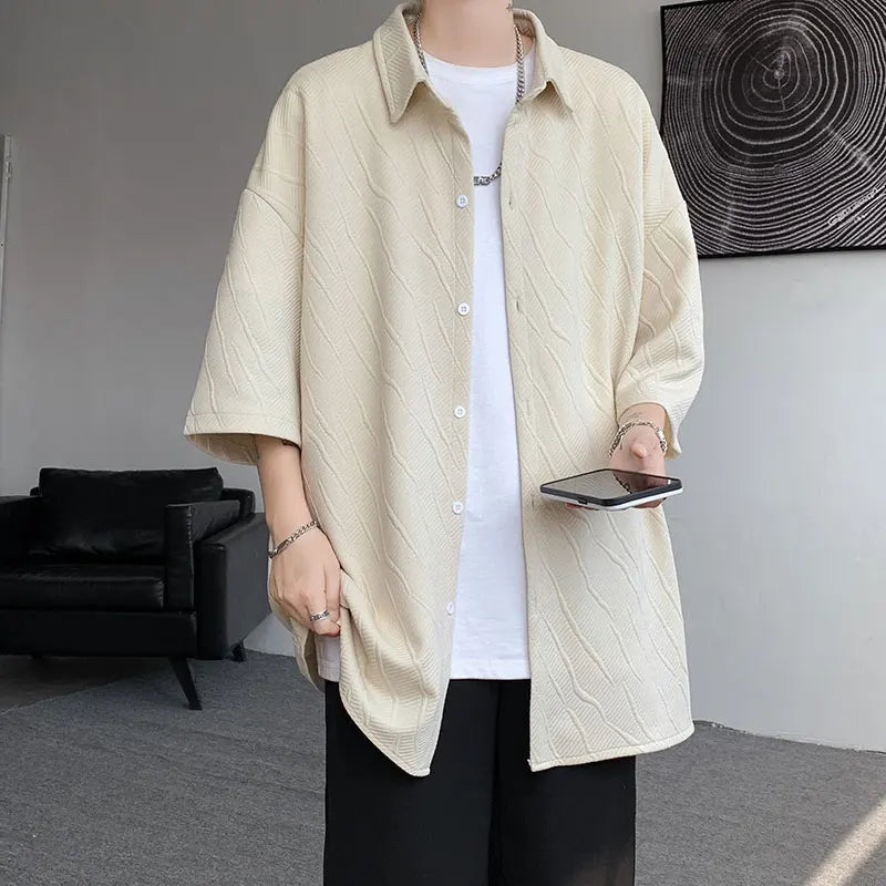 Threebooy Spring Summer Loose Jacquard Shirt Mens Short Sleeve Lapel Casual Tops Korean Style Fashion Clothing For Men Streetwear 5XL-M