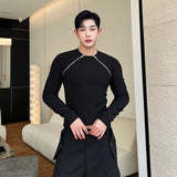 Threebooy Men's Slim Long Sleeve T-shirts 2024 Autumn New Niche Design Dark Zipper Split Versatile Tops Korean Style Clothing