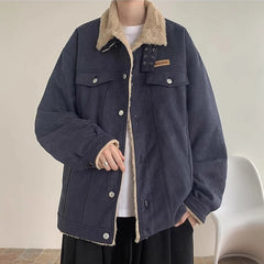 Threebooy  New American Fleece-lined Men Padded Jackets Luxury Harajuku Long Sleeve Streetwear Winter Trendy Chic Turn-down Collar Coats