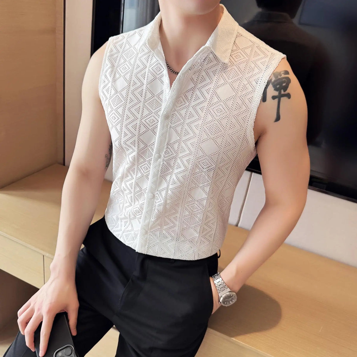Threebooy  Summer New Men's Hollowed Out Sleeveless Vest Shirt Fashionable Social Nightclub Shirt High-quality Slim Fit Shirt