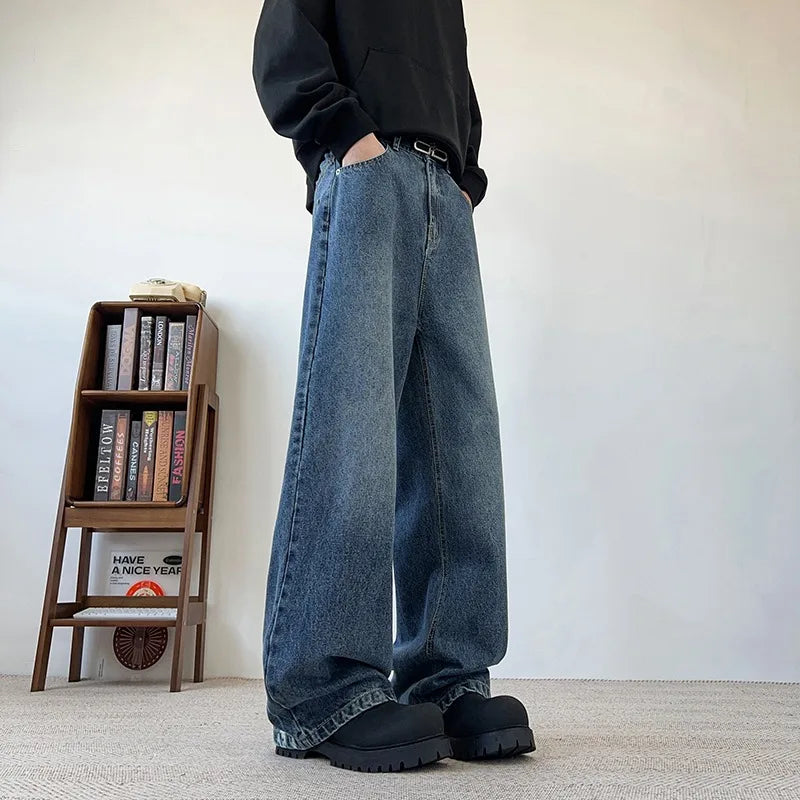 Threebooy Men's Wide Leg Curved-Knife Jeans Summer American Bamboo Pattern Striped Texture Design Men Trendy Denim Pants 2025 Baggy Jeans