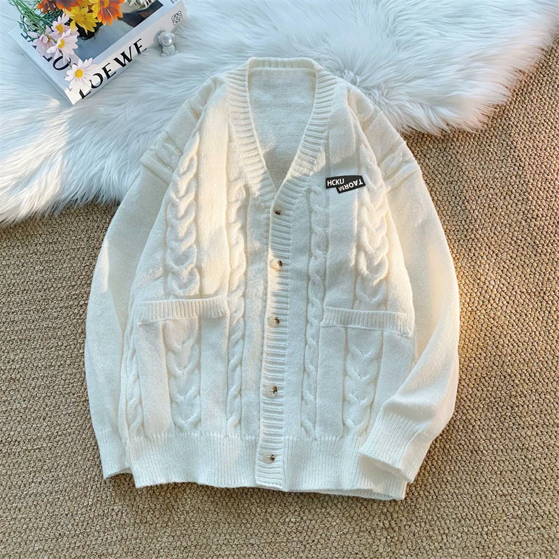 Threebooy Letter Twists Cardigan Sweater Men New Preppy Grunge Cityboy Knit Jacket Japan Couple Casual V-neck Sweater Coat