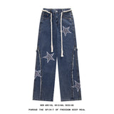 Threebooy Spring New Star Embroidery Burrs Patchwork Jeans Fashion Streetwear Loose Straight-leg Denim Pants for Men and Women 5XL-M