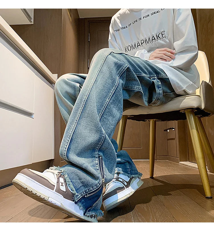 Threebooy Autumn jeans men New Fashion Side Zipper Casual Jean Pants Men High Street Loose Straight Pant Mens Vintage All-match Trousers