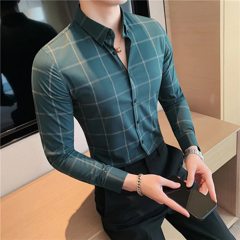 Threebooy Spring Business Casual Plaid Shirt Men's Formal Workwear Wedding Dress Slim Social Party Clothes Checked Shirt S-4XL