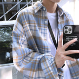 Threebooy Autumn Thick Woolen Shirt Men Fashion Retro Casual Oversized Plaid Shirts Mens Korean Blue/Green Loose Long-sleeved Shirt Men