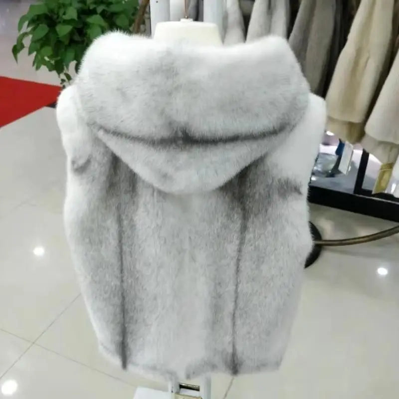 Threebooy American High-end Imported Imitation Mink Cross Vest Hooded Men Fur Coat Imitation Mink Vest Back Fur Integrated Vest Jacket