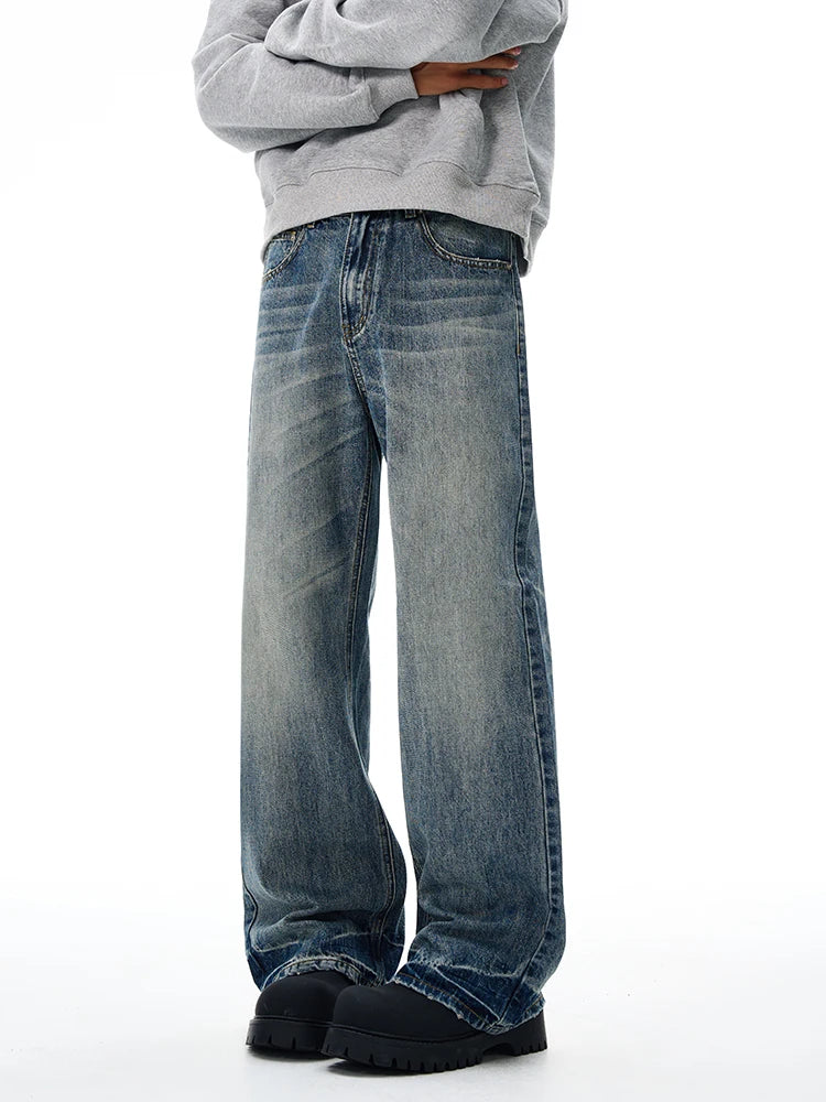Threebooy Vintage Wash Men's Loose Jeans American Cleanfit High Street Micro Flared Trousers Autumn Fashion Casual Wide-leg Denim Pants