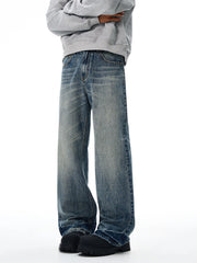 Threebooy Vintage Wash Men's Loose Jeans American Cleanfit High Street Micro Flared Trousers Autumn Fashion Casual Wide-leg Denim Pants