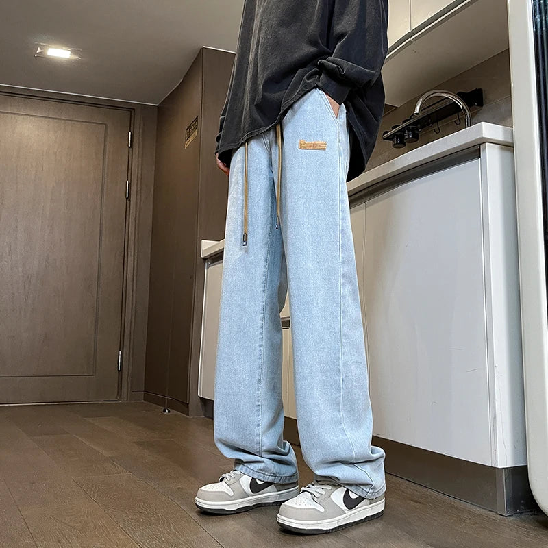 Threebooy  Branded Men's Baggy Jeans Classic Drawstring Loose Casual Straight Pants College Students Daily Versatile Blue Pants