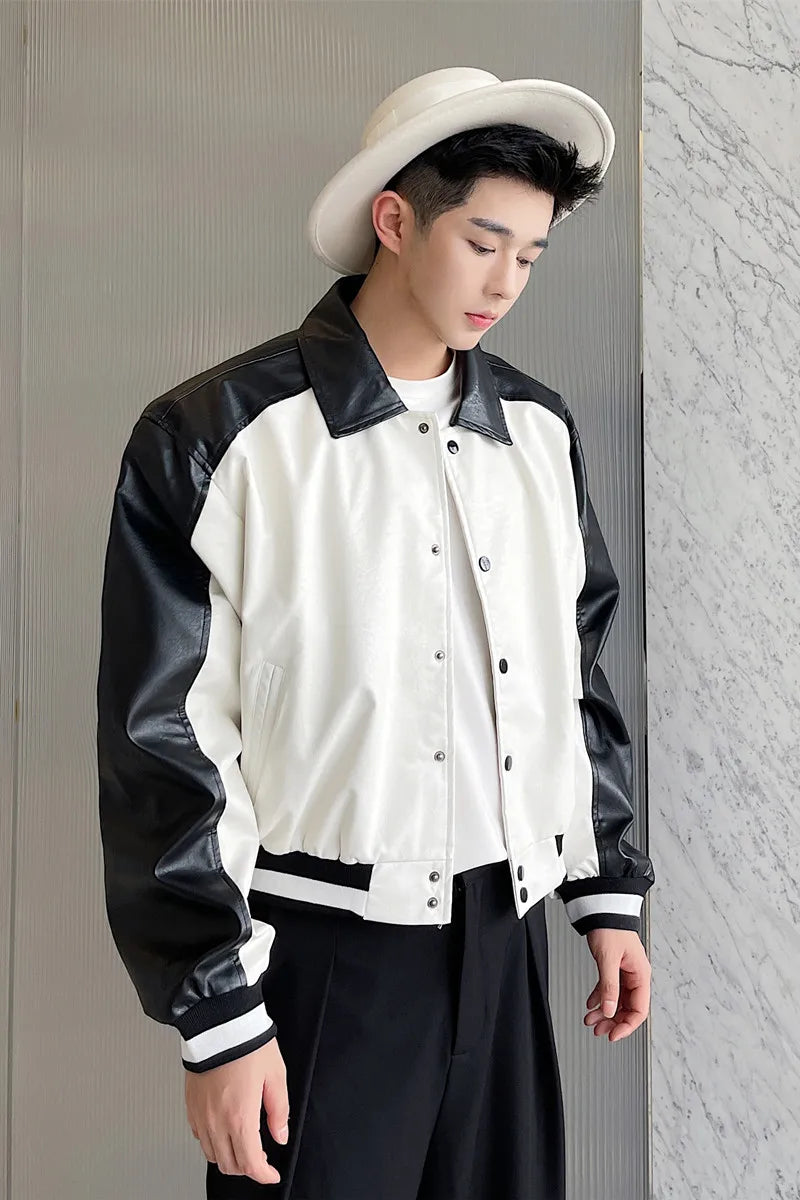 Threebooy Korean Street Dress Hip Hop Spring Autumn Black White Design Motorcycle Leather Men's Jacket Jacket Short Baseball Coat